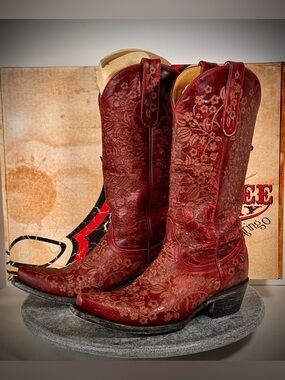 Old Gringo Red Floral Tooled Leather Western Boots 6